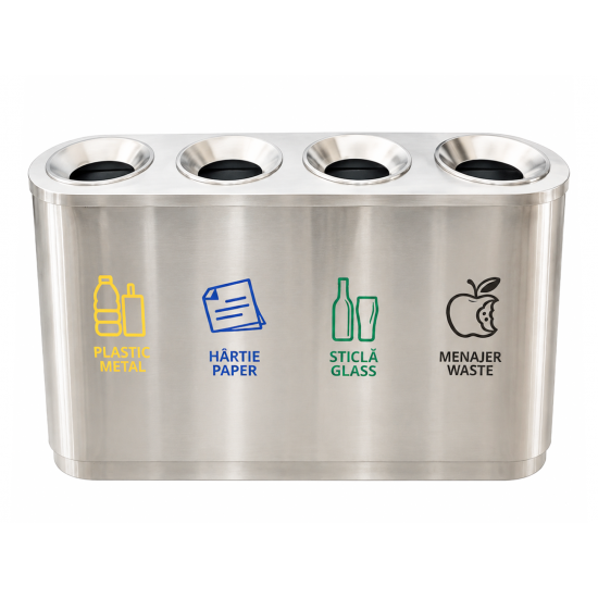 Cos de gunoi pentru colectare selectiva din inox, 4 compartimente, 4x32L Cos de gunoi pentru colectare selectiva din inox, 4 compartimente, 4x32L