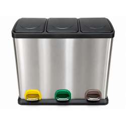 Cos de gunoi pentru colectare selectiva, inox, cu 3 compartimente si pedale, 60 L