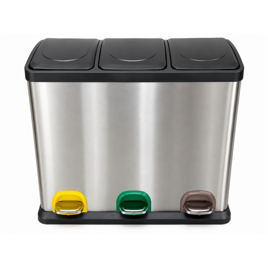 Cos de gunoi pentru colectare selectiva, inox, cu 3 compartimente si pedale, 60 L