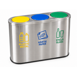 Cos de gunoi pentru colectare selectiva din inox, 3 compartimente, 3x45L, capace colorate Cos de gunoi pentru colectare selectiva din inox, 3 compartimente, 3x45L, capace colorate