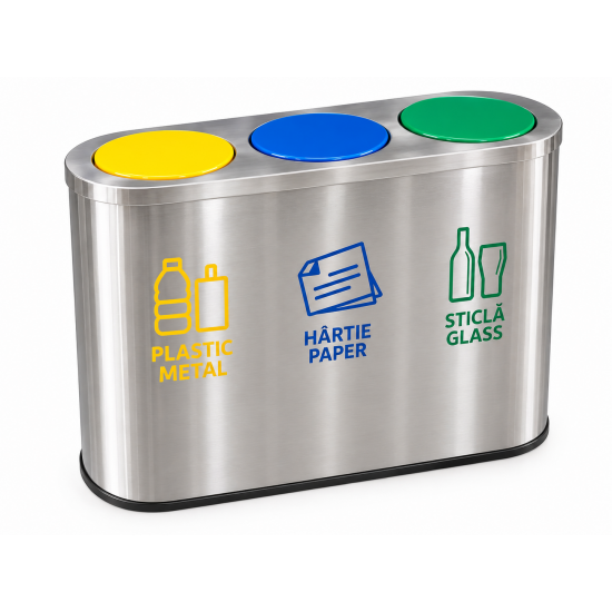Cos de gunoi pentru colectare selectiva din inox, 3 compartimente, 3x45L, capace colorate Cos de gunoi pentru colectare selectiva din inox, 3 compartimente, 3x45L, capace colorate