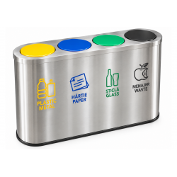 Cos de gunoi pentru colectare selectiva din inox, 4 compartimente, 4x45L, capace colorate Cos de gunoi pentru colectare selectiva din inox, 4 compartimente, 4x45L, capace colorate