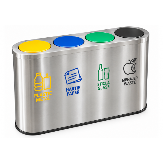 Cos de gunoi pentru colectare selectiva din inox, 4 compartimente, 4x45L, capace colorate Cos de gunoi pentru colectare selectiva din inox, 4 compartimente, 4x45L, capace colorate