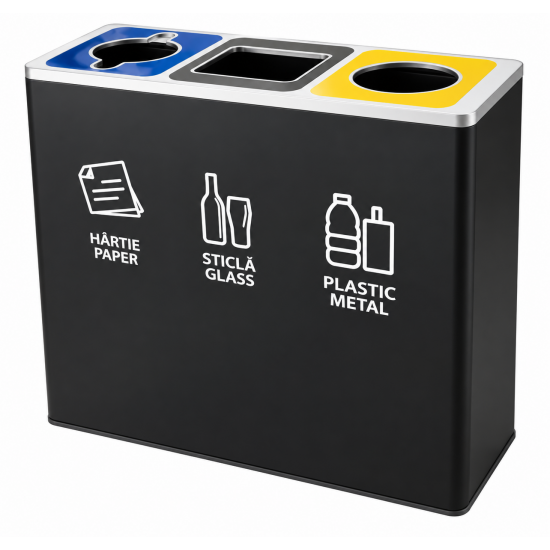 Cos de gunoi negru pentru colectare selectiva, 3 compartimente, 3x45L Cos de gunoi negru pentru colectare selectiva, 3 compartimente, 3x45L