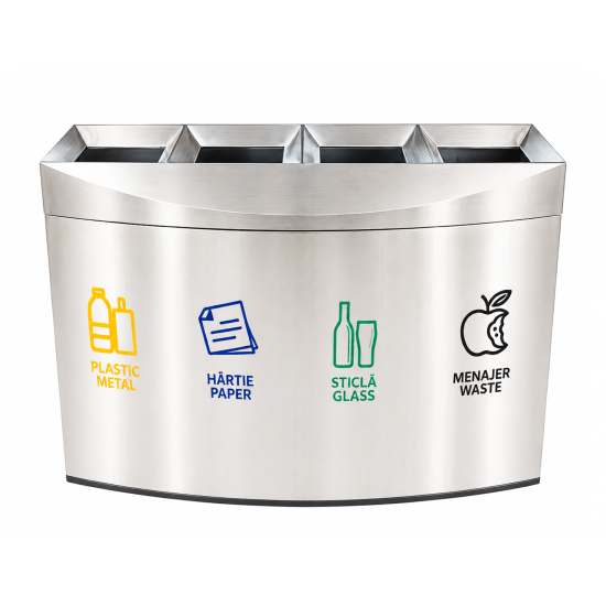 Cos gunoi modern pentru colectare selectiva din inox, 4 compartimente, 3x45L Cos gunoi modern pentru colectare selectiva din inox, 4 compartimente, 3x45L