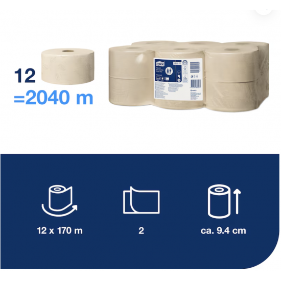 Hârtie igienică Tork Mini Jumbo Advanced Natur, dublu strat, 170m/rolă, 850 porții, (12 role/bax) T2 Hârtie igienică Tork Mini Jumbo Advanced Natur, dublu strat, 170m/rolă, 850 porții, (12 role/bax) T2