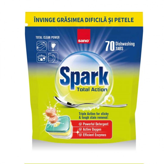 Detergent Tablete pentru Mașina de Spălat Vase, 70 buc, SANO SPARK TOTAL ACTION 